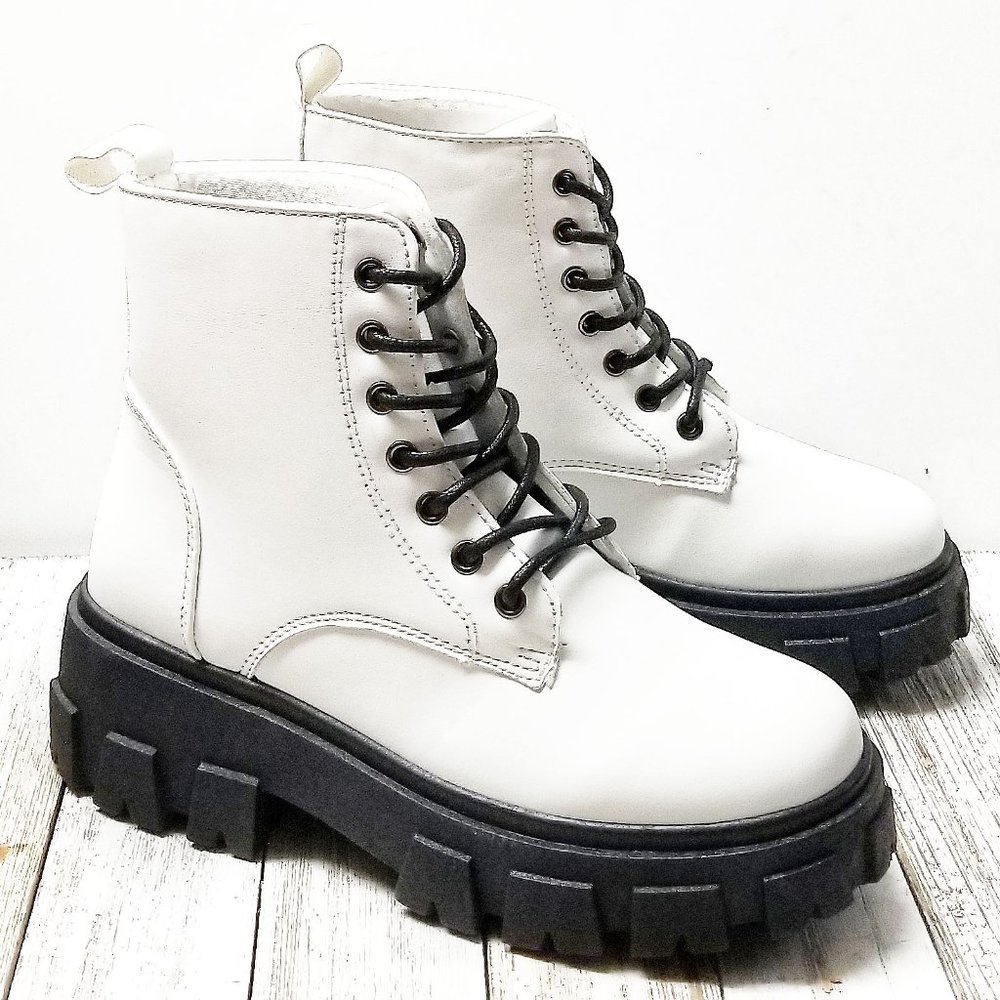 New White Platform Lace Up Combat Ankle Boots Booties